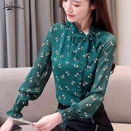 Printing Shirt Women Long Sleeve Chiffon Bow Stand Collar Cardigan Blouse Office Lady Tops Camisas Mujer 8228 50 210508
