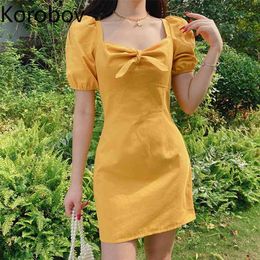Korobov Summer New Fashion Women Dress Vintage Sweet Bow Square Collar Dresses Puff Sleeve A-Line Vestidos Femme 210430