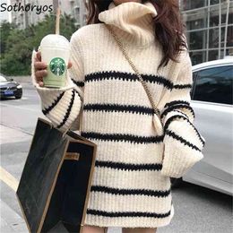 Pullovers Women Turtleneck Striped Sweater Loose Leisure Ladies Chic Harajuku Outwear Oversize Student Korean-style Slim Jumpers Y1110