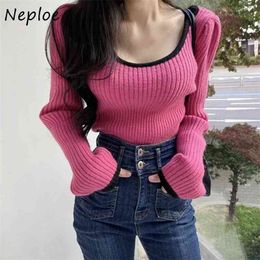 Autumn Winter French Style U-neck Pullovers Chic Panelled Slim Fit Tops Casual Simple Long Sleeve Knitted Sweaters Women 210422