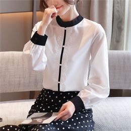 Korean Women Blouse White Shirts for Lace Embroidery Woman Chiffon Long Sleeve OL Shirt Tops Plus Size 210427