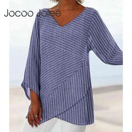 Spring Plus Size Striped Long Sleeve V Neck Cotton Baggy Blouse Shirt Ladies Summer Tunic Tops Casual Loose 210428