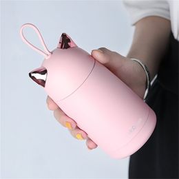 cat thermal Canada - 350ml Cute Cat Stainless Steel Vacuum Flask Cartoon Portable Kids T Mug With Rope Travel Thermal Bottle Tumbler Thermocup 211223