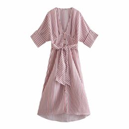 Summer Shirt Dress Women Short Sleeves Elegant Casual Chic Lady Striped Midi Dress Woman Robe Femme 210709