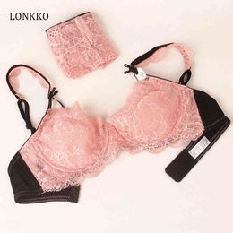 Plus Size Bra 70-95 A B C D E Cup For Women Ladies Lace Unlined Bralette And Panties Set Fashion Lingerie Ultrathin Underwear X0526