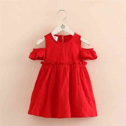 Summer 2 3 4 6 8 10 Years Children Solid Red Cotton Short Sleeve Wrap Off Shoulder Strapless Dress For Girl Kids 210625