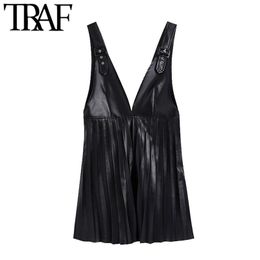 Women Fashion Faux Leather Pleated Mini Pinafore Skirt Vintage V Neck Wide Adjustable Straps Female Skirts Mujer 210507