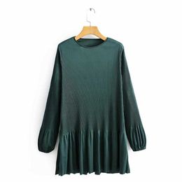 Women basic o neck long sleeve solid color pleated mini dress female chic pleats vestidos casual slim hem ruffles Dresses DS3262 210603