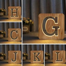 Novelty Items Fashion 26 Letters USB Wood Led Night Light Kid Bedroom Wooded Hollow Carved 3D Decoration Table Lamp Child Gift