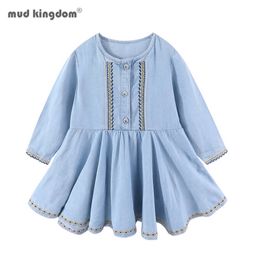 Mudkingdom Kids Denim Dress Long Sleeve Vintage Embroidery Cute Pleated for Girls 210615