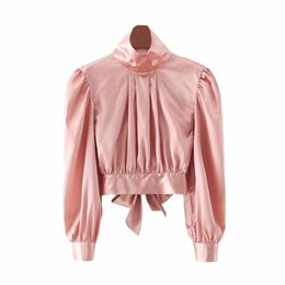 Spring Women Backless Lace Up Pink Satin Shirt Female Long Sleeve Blouse Casual Lady Loose Tops Blusas S8535 210430