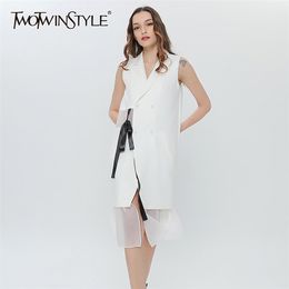 Lace Up Bowknot Dress For Women V Neck Sleeveless Patchwork White Elegant Dresses Female Fashion Clothing 210520