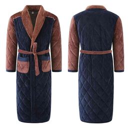 Winter Men Three Layers Quilted Bathrobe Thick Flannel Robe Sleepwear Plus Size XXXL Kimono Stitching Bathrobes Male Warm Lounge 210901