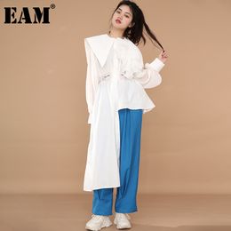 [EAM] Women Green Pleated Irregular Big Size Long Blouse Lapel Long Sleeve Loose Shirt Fashion Spring Autumn 1DA21800 21512