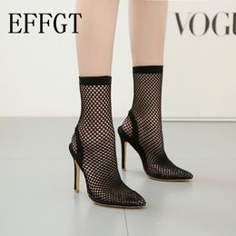 Dress Shoes EFFGT 2021 PVC Fashion Transparent Mesh Stretch Fabric Sock Boots Thin Heels Pointed Toe Ankle Woman Boot Black D09