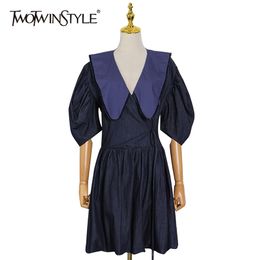 Elegnat Patchwork Hit Colour Dress For Women Lapel Puff Sleeve High Waist Summer Dresses Female Fashion Style 210520