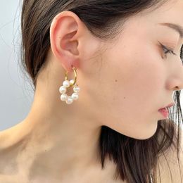 Hoop & Huggie Pair Natural Pearl Earrings For Women Steel Baroque Ear Luxury Round Circle Wreath Earring Fine Jewellery