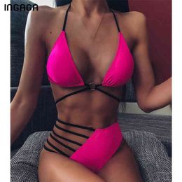 INGAGA High Waist Bikinis Set Swimsuits Push Up Swimwear Women String Halter Biquini Brazilian Leopard Bathing Suit 210722