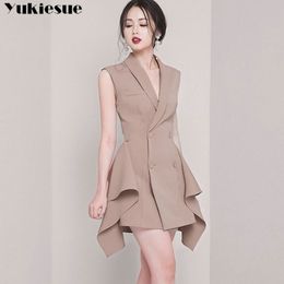 OL office Women Blazer Dress Suits Black ruffles Patchwork Sleeveless Suit Vest Veil Dress Vintage Party Dresses Plus size 210519