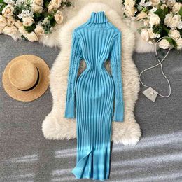 Turtleneck Sweater Dress Autumn Winter Long Sleeve Knitted Bodycon Korean Fashion Slim Elastic Warm Sheath 210603