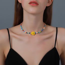 Cute Enamel Yellow Smiley Face Pendant Necklace for Women Bohemian Handmade Beaded Chain Chokers Necklace Wholesale Jewellery