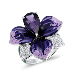 Wedding Rings Luxury Women Purple Enamel Petal Flower Crystal Ring Fashion Temperament Butterfly Promise Engagement Party Jewellery