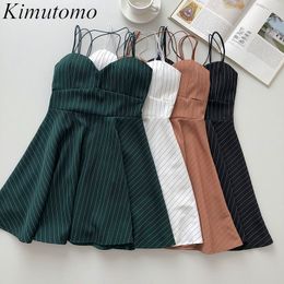 Kimutomo Sexy Breast-slinging Dress Women Summer Korean Retro Striped Slim High Waist Sleeveless Mini Vestido Feminino 210521
