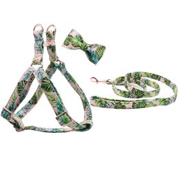 Dog Collars & Leashes Cotton Green Plam Leaf Harness With Bowtie And Basic Leash Adjustable Buckle Pet Supplies