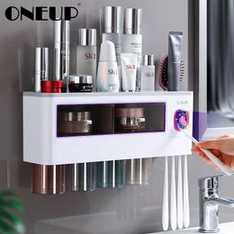 ONEUP New Toothbrush Holder For Bathroom Automatic Toothpaste Squeezer Wall With Cup Storage Rack Organizer Bathroom Accessories 210322