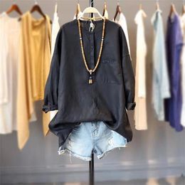 Arrival Summer Korean Style Women Long Sleeve Cotton Linen Blouse Loose O-neck Pocket Patchwork Casual Shirts W240 210512