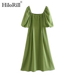 Women Green Pleated Midi Dress Puff Short Sleeve Summer es Square Collar Solid Casual Ladies Sundress 210508