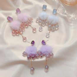 Korean trendy Crystal Tassel Asymmetry Dangle Earrings White Pink Fur Ball Rhinestone Drop Earrings for Women Jewellery Gift