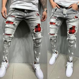 Mens Skinny Ripped Jeans Plaid Patchwork Denim Trousers Hip-Hop Print Jogging Pencil High Quality Denim Men Pants Size 29 38 42