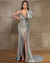 Sexy Evening Dresses With Jewwl Long-sleeves High-split Custom made Satin Formal Prom Party Gowns Lace Appliques Ruched Robe de mariée