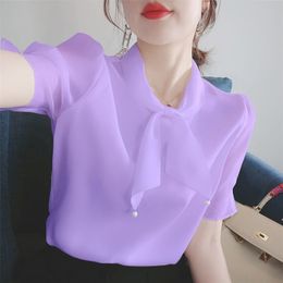 Women Summer Chiffon Blouses Shirts Lady Casual Bow Tie Collar Short Puff Sleeve Chiffon Blusas Tunic Tops DD9122 210323