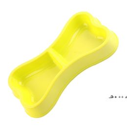 Cute Bone Shape Pet Dog Cat Puppy Food Travel Feeding Feeder Dogs Water Dish Double Bowl Supplies Plastic Colorful RRF11896