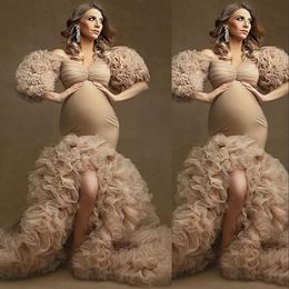 2021 Rüschen Champagner Abendkleider Tüll Kimono Damen Robe Fotoshooting Halbarm Schulterfrei Ballkleider Afrikanische Meerjungfrau Split Umstandskleid Fotografie
