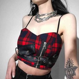 Women's Sexy Straps Tank Top Gothic Red Plaid Streetwear Sashes Belt Zipper Punk Girl Summer Casual Chic Crop Tops Camis 210517