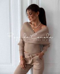 Sexy Sweater Set Tracksuit 2 Pieces Women Solid Colour Off Shoulder Batwing Sleeve Suit V Neck Pencil Trouser Fall 211118