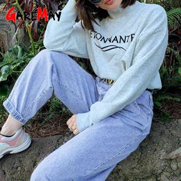 High Waisted Boyfriend Jeans for Women Loose Casual Harem Denim Pants Push Up Vintage Mom Female Grey Autumn Spring 210428