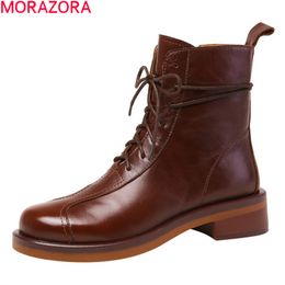 MORAZORA Brand fashion women brand boots genuine leather boots comfortable med heels round toe ankle boots 210506