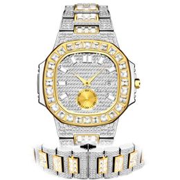 Wristwatches Hip Hop Gold Watch Men Bling Full Diamond Mens Watches Man Fashion Quartz Wristwatch Waterproof Iced Out Silver Steel307o