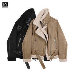 LY VAREY LIN Autumn Winter Women Fashion Loose Fit Lapel Long Sleeve Jacket Pu Leather Lambswool Thick Watm Coat 210526