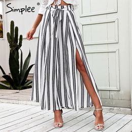 Simplee High waist loose striped summer pants plus size Sexy side split women pants Elastic cotton white wide leg trousers 210319