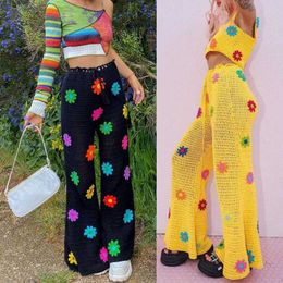 Women Summer Beach Crochet Long Pants Multicolor Floral Hollow Out Knitted See-Through Wide Leg Flared Trousers Boho High Q0801