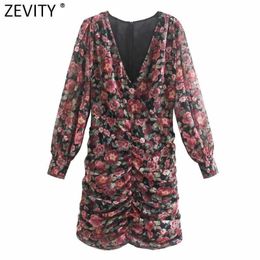 Zevity Women Vintage V Neck Floral Print Pleated Slim Mini Dress Female Chic Puff Sleeve Summer Chiffon Short Vestido DS8162 210603