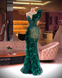 One Shoulder Green Evening Dresses Sequins See Thru Crystal Prom Gowns Ruffles Side Split Formal Party Dress280Q