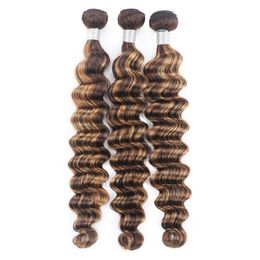 brown ombre hair Canada - Ishow Wefts Loose Deep Highlight 4 27 Ombre Color Brown Human Hair Bundles 8-28inch Brazilian Body Wave Curly Peruvian Virgn Extensions for Women