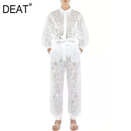 DEAT New Summer Fashion Women Stand Collar Full Sleeves Lace Hollow Out Long Jumpsuit Female Clothes Tide WR45000L 210428