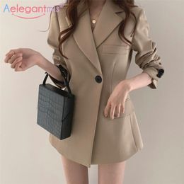 Aelegantmis Autumn Korean Long Women Blazer Jacket Office Lady Casual Slim Suit Blazers Coat Solid Work Female Outerwear 211019